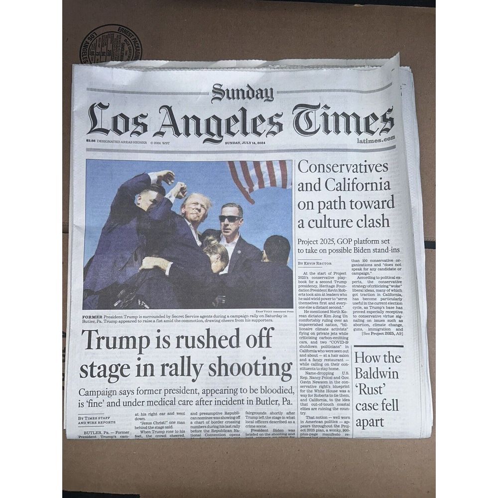 The Los Angeles Times July  14‎ 2024 Trump Injured in Rally Shooting Shot